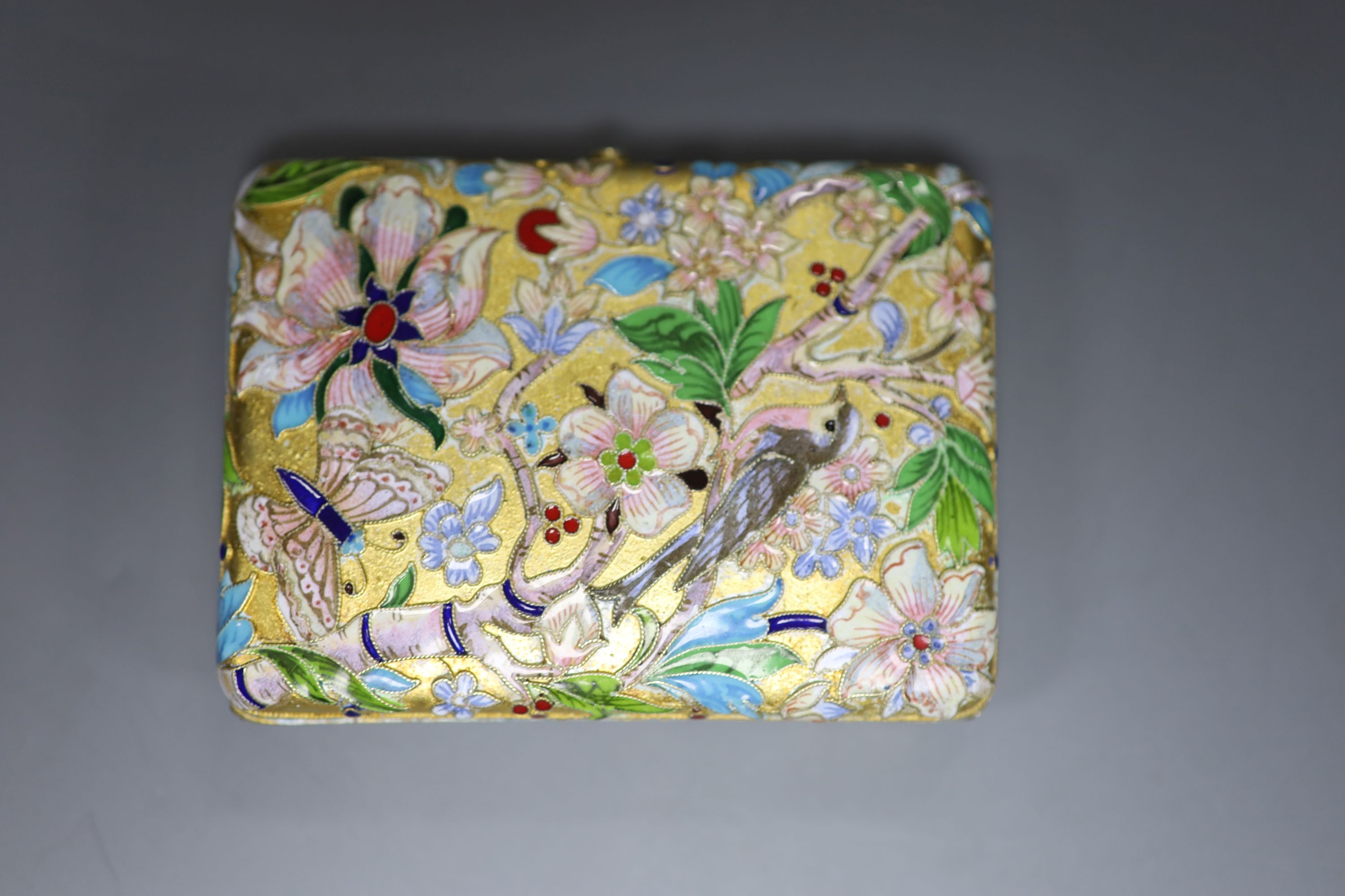 A modern Russian style gilt white metal and cloisonne enamel cigarette case, 93mm, gross 5oz.